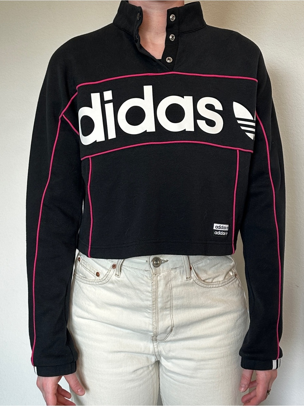 Adidas Black Crop Pullover with Pink Piping